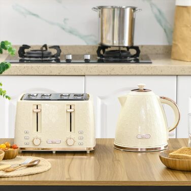 Набір чайник та тостер HOMCOM 1.7L, 4 тости, 7 рівнів підсмажування, автоматичне вимкнення, розморожування, підігрів, піддон для крихт, бежевий