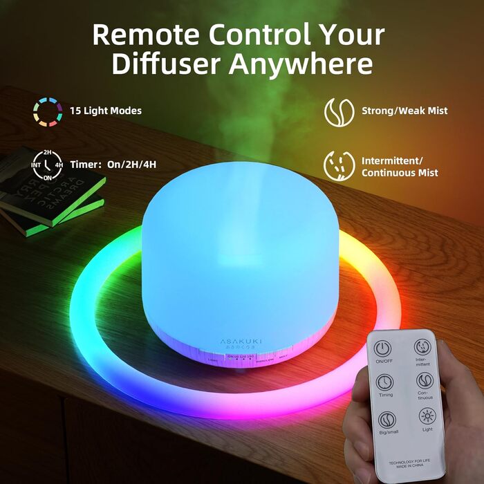 ASAKUKI Дифузор ароматерапії 500 мл, ультразвуковий зволожувач повітря з дистанційним керуванням, автоматичне вимкнення та 7 LED-кольорами