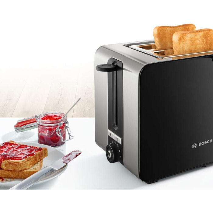 Bosch Compact Toaster ComfortLine TAT7203, integrated stainless steel bagel attachment, with automatic shut-off, with defrost function, perfect for 2 slices of toast, 1050 W, stainless steel/black Single