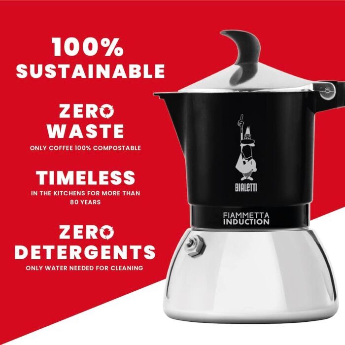 Bialetti Flame Induction Coffee Maker, Aluminum, Steel, Black, 4 Cups