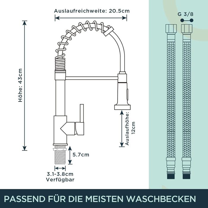 Змішувач кухонний FORIOUS висувний з душем, однорегуляторний, 360° обертання, нержавіюча сталь