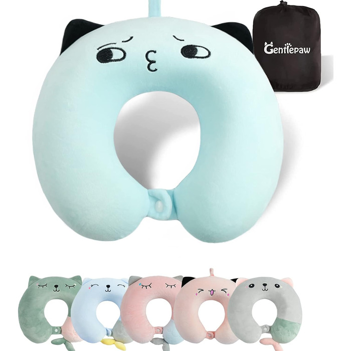 Дитяче подушечка для шиї з меморі-піною, U-подібна форма, з милим дизайном тваринки, для подорожей (літак, авто, поїзд), знімний чохол (блакитний)