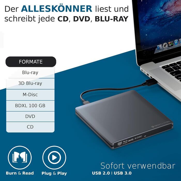 Зовнішній Blu-ray привід techPulse120 USB 3.0 3D Burner M-Disc BDXL Superdrive для PC, Notebook, MacBook, Windows, MacOS, сріблястий (Alu Grau)