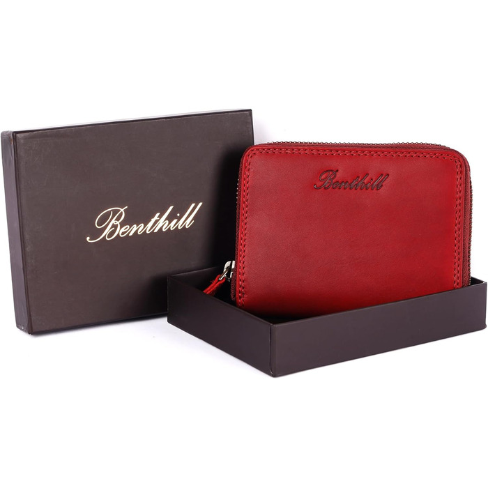 Benthill Wallet Women's Small Genuine Leather | Wallet with RFID Protection | Flat Slim Card Holder with Zipper & 6 Card Slots, Color: Red