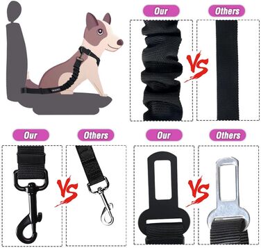 COOYOO Dog Safety Belt - Retractable Dog Car Harness with Elastic Bungee Buffer - Adjustable Nylon Pet Seat Belt for Car - Pink