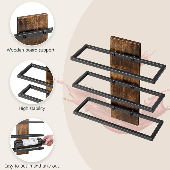 Металева полиця для вина FAVOOSTY на стіну, 3 яруси, чорна - для вітальні, спальні, винного підвалу