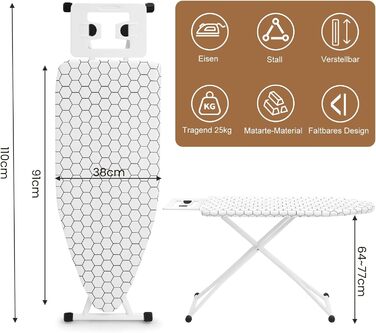 Прасувальна дошка 110 x 38 x 64-77 см, регульована по висоті, з антиковзкими ніжками та чохлом з бавовни, з підставкою для праски (біле в квадратик)