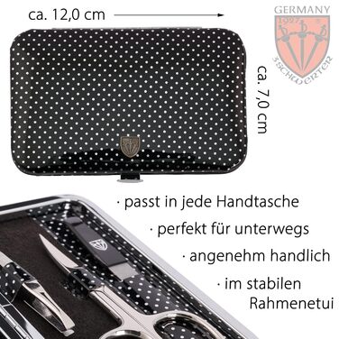 Набір для манікюру Drei Schwertter 'Genova' 6 предметів | Чорний лакований шкірозамінник з крапками | Ніж для нігтів, ножиці для кутикули, кусачки для нігтів, скляна пилка для нігтів, пінцет, алмазна пилка для нігтів