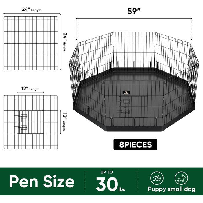 Клітка-загончик для собак PJYuCien, 8 панелей, 61 см, для дому, з підлогою, металева, складна, для цуценят, тренувальний загін, для малих тварин, чорна