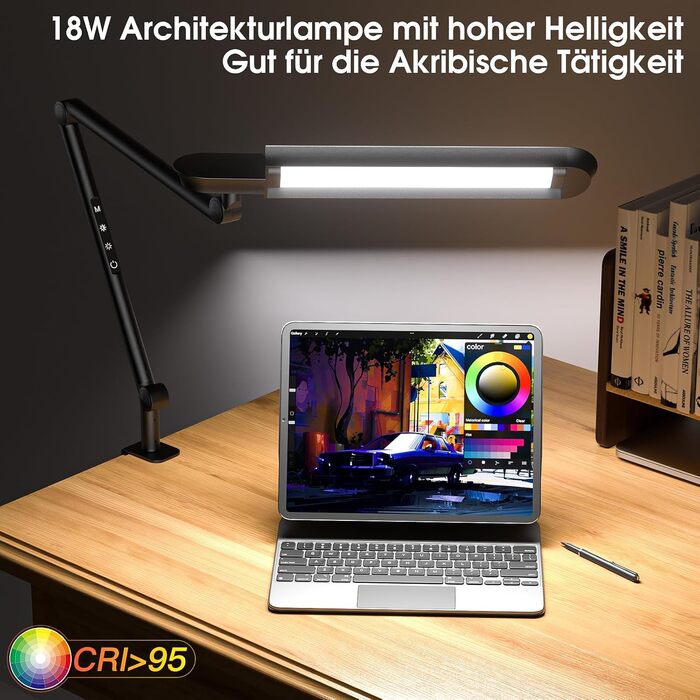 LED лампа настільна з кліпсою, 18W, 1100 люменів, регульована, для офісу та дому, без відблисків, захист очей, білий (чорний)