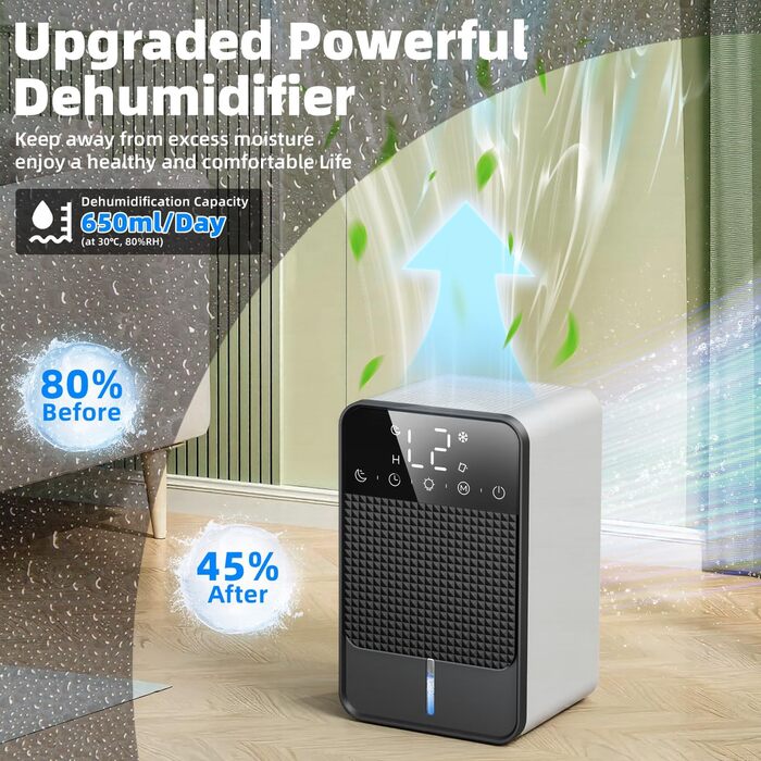 Електричний осушувач повітря автоматичний 1800 мл з функцією відтавання, таймером та LED-дисплеєм для спальні, ванної кімнати та шафи (650 мл/24 год)