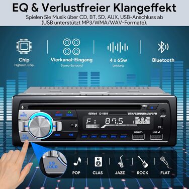Автомагнітола CENXINY 1 DIN з Bluetooth, CD, RDS, FM/MP3, 2 USB для музики та зарядки, гучний зв'язок