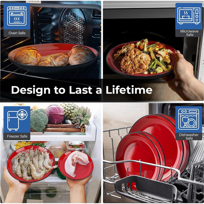 MIAMIO Набір посуду на 6 осіб / 24-тісний набір посуду з каменю, сервіз з тарілками, мисками, чашками та суповими тарілками - колекція Le Papillon (Червоний, 24 елементи)