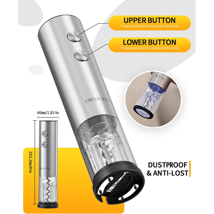 Електричний відкривачка вин CIRCLE JOY 6-в-1 з зарядною станцією, комплект з нержавіючої сталі, з обрізачем фольги, аератором та 2 вакуумними закривачами