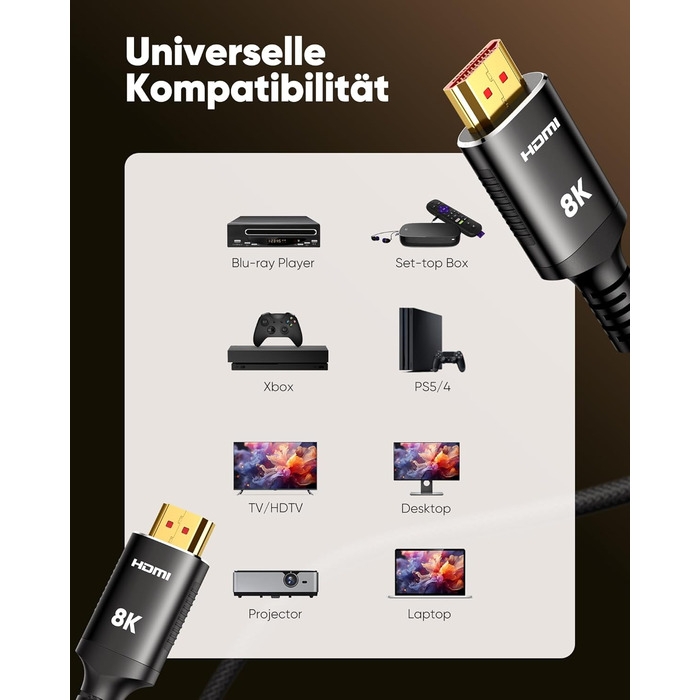 HDMI 2.1 Кабель SNOWKIDS 3 метри (2 шт.), 8K 10K, 48Gbps, Highspeed, HDR, HDCP 2.2/2.3, сумісний з RTX 3080, PS5, X-Box, проекторами, чорний