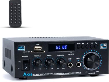 NEOHIPO HiFi-усилювач AK45 Mini, Bluetooth стерео аудіоусилювач 400Вт, 2-канальний, цифровий, з FM-радіо, SD/USB, для дому або авто, чорний