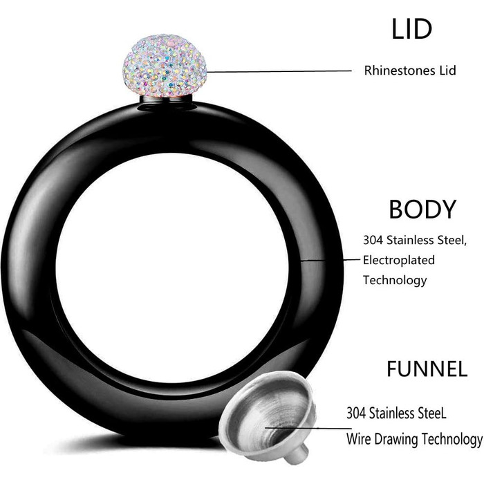 Набір флакончиків Qingo: флакон, браслет, перстень, нержавіюча сталь 304, 100 мл, чорний з кришкою зі стразами