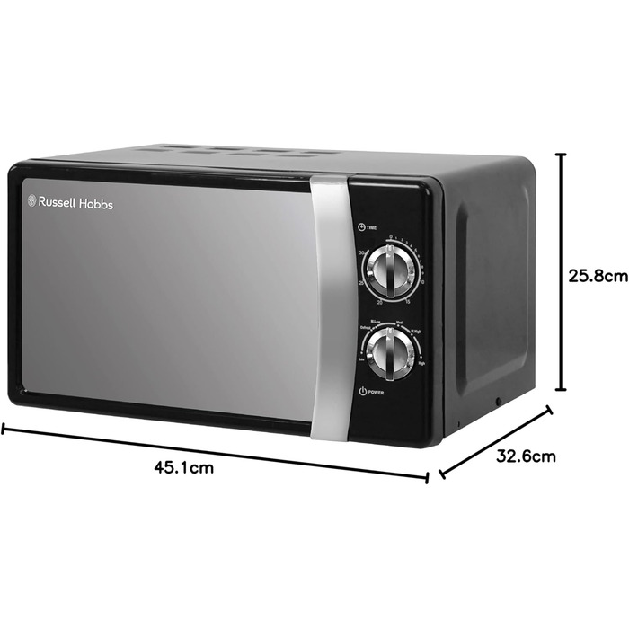 Мікрохвильова піч Russell Hobbs RHMM701B 17L, 700W, чорна, ручне керування, 5 рівнів потужності, таймер, функція розморожування, легке очищення