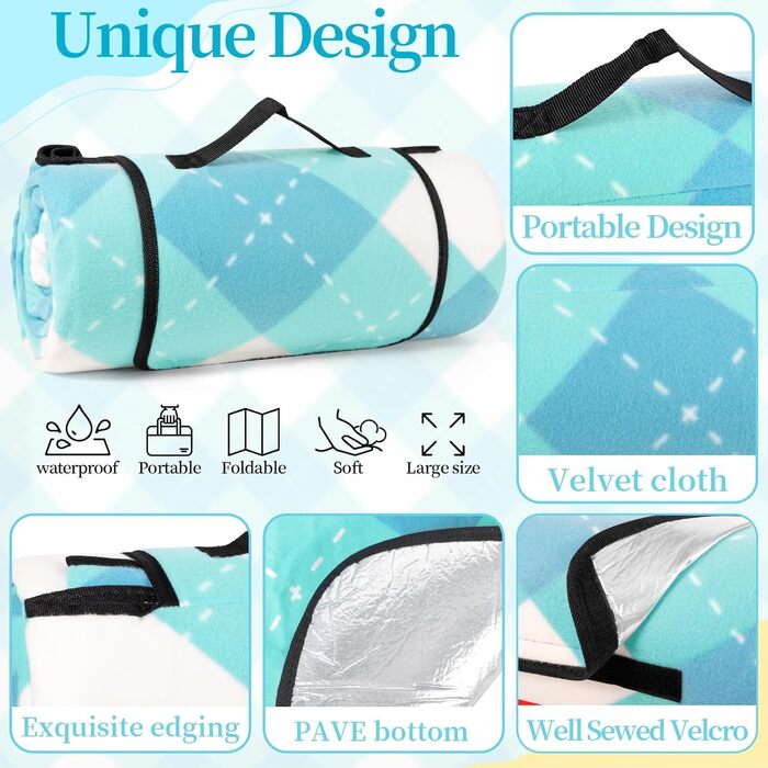 Плед для пікніка CIRULLI 200x200 см, водонепроникний, складаний килимок для пляжу та кемпінгу