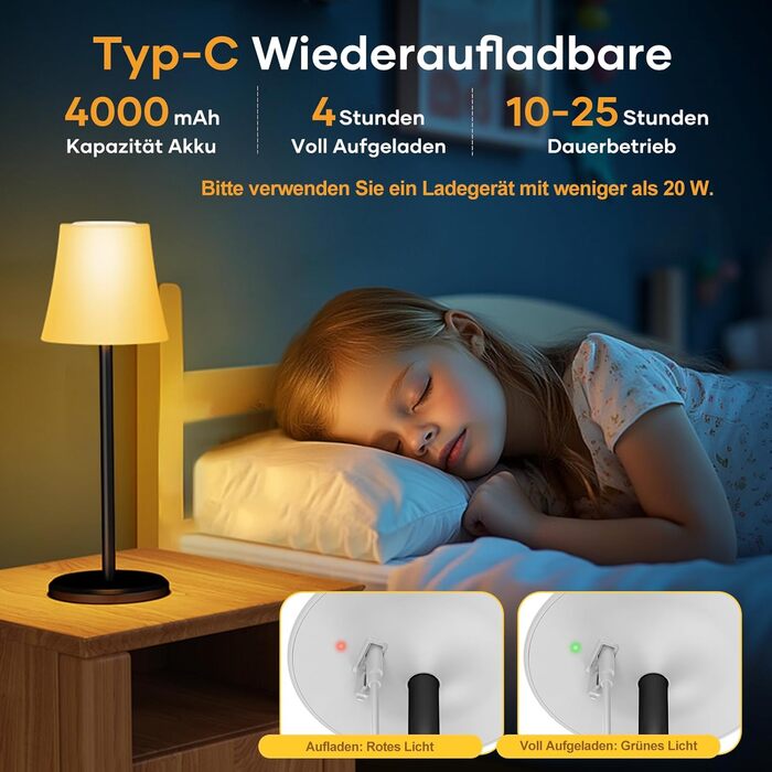 Бездротова LED лампа Suright для столу: регульоване світло, 3 кольори + RGB, сенсорне управління, IP54, для дому та відпочинку