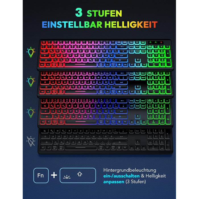 Бездротова клавіатура та миша з підсвічуванням, USB-C, тиха, для Mac/Windows/PC/Laptop, QWERTY (Чорний)