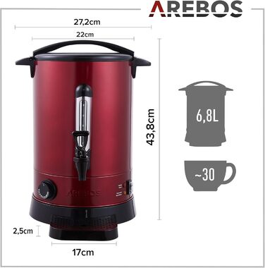 Arebos Glühwein Cooker 950 W | Hot Beverage Dispenser | 6.8 L | with Drip Tray, Spout, Thermostat, and Overheating Protection | Temperature Setting from 30-110 °C | (Red)
