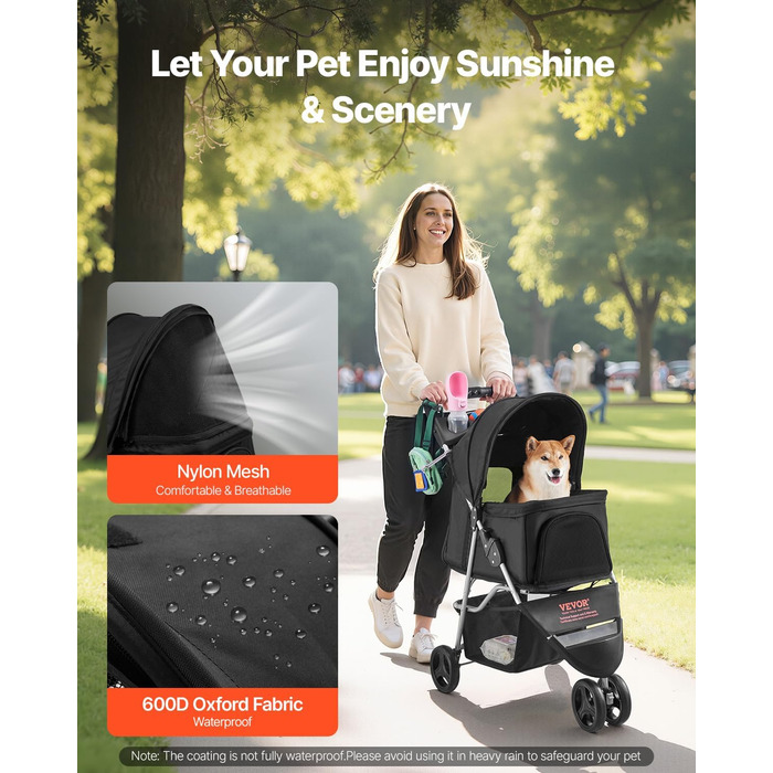 VEVOR 3-Wheel Pet Stroller - Dog & Cat Buggy, 16kg Capacity, Foldable with Cup Holders & Brakes