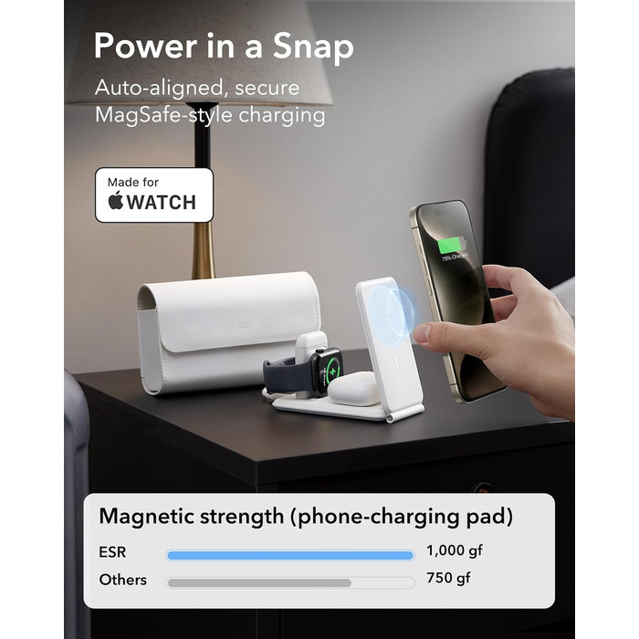 Зарядний станція ESR 3-в-1 для Apple Watch та iPhone з MagSafe, складана, сумісна з iPhone 17/16/15/14/13/12, Apple Watch 9/8/7/SE, AirPods Pro/3/2