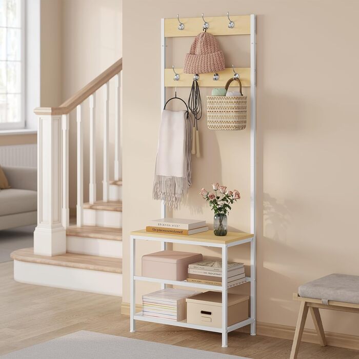 WOLTU Coat Rack Clothes Rack Laundry Rack Shoe Shelf with Seat, with 7 Hooks, Wood and Steel, Hanging Shelf, Black Vintage (Light Oak + White)