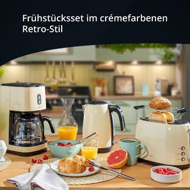 Набір для сніданку KHG: чайник та тостер, кремово-бежевий, ретро-стиль, 1.7 л, 2 тости, 360° обертання, кнопка відкривання, індикатор, регулювання ступеня підсмажування, функції підігріву та розморожування (комплект)