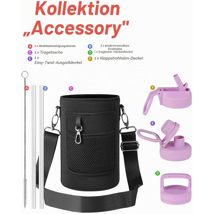 Термофляга Coolflask 2Л зі сталі з трубою та 3 кришками, вакуумна ізольована пляшка для води для спорту та подорожей, Starry Indigo Black (Рожевий, 1893 мл)