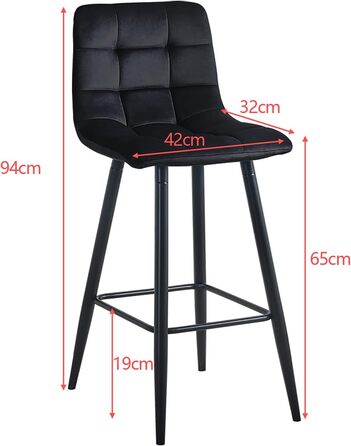 Velvet Bar Stools Set of 2 - Black Bar Chairs with Backrest, 66cm Seat Height, 50x45x94cm - Modern Counter Stools for Kitchen Island