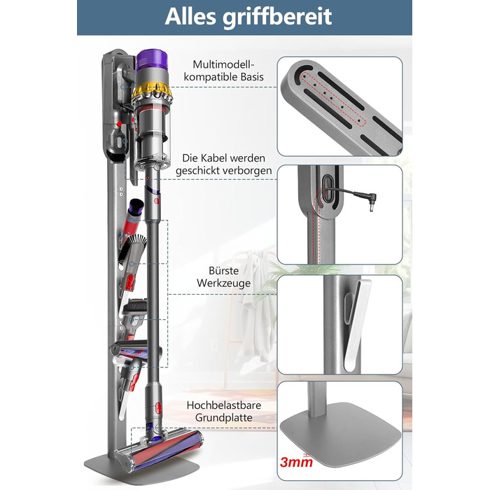 Тримач для пилососа Dyson Wandhalterung з зарядною станцією для V8–V15 та Gen5 – стабільний тримач для акумуляторного пилососа з органайзером для аксесуарів, щіток та кабелів (срібний)