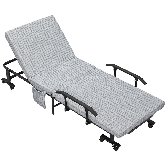 HOMCOM Folding Bed Guest Bed with Wheels and 5-Position Adjustable Backrest, Travel Bed with Steel Frame in Light Grey and Black, 190x76x33cm