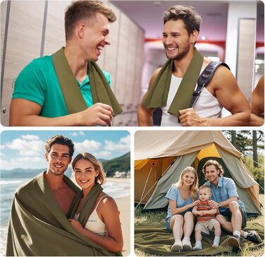 Набір з 3 рушників з мікрофібри (великий 160x80 см та 2 маленькі 80x40 см), швидковисихаючі рушники для фітнесу та спорту, для пляжу, ванни, спорту та подорожей (армійний зелений)