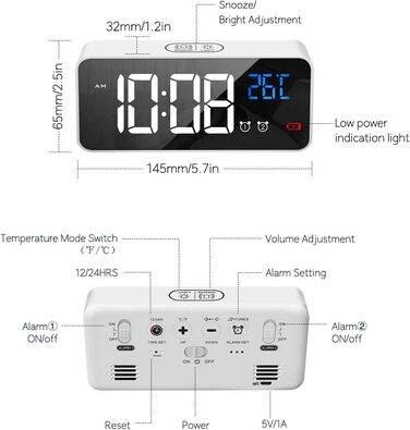 Цифровий годинник MOSUO з LED-дисплеєм, USB-зарядка, показник температури, голосове керування, 2 таймери, функція відкладання, регулювання яскравості та гучності, білий