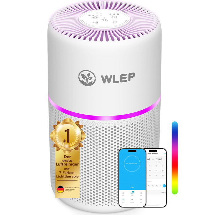 Розумний очищувач повітря з Wi-Fi, керуванням через додаток та голосовими помічниками Alexa/Google, 360° повітряний потік, фільтр HEPA H13 (99,97%), тихий нічний режим (20 dB), CADR 90 м³/год, кольорове підсвічування для спальні, модель KJ1-3S APP