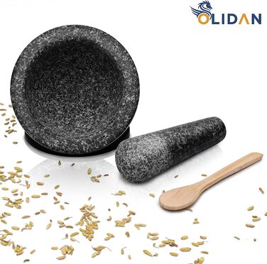 Гранітний ступка з товкачем OLIDAN з підставкою, дерев'яною ложкою та безкоштовною електронною книгою – набір для подрібнення спецій, натуральний масивний граніт, не вбирає запахи