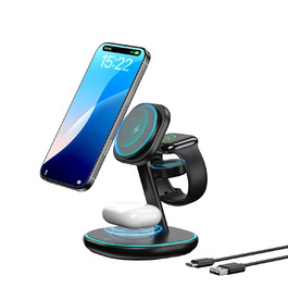 3-в-1 Зарядний пристрій MagSafe, 15W Швидка Бездротова Зарядка, Індукційна Зарядка для iPhone 16/15/14/13/12, Розумний годинник, AirPods Pro/2/3 - Чорний