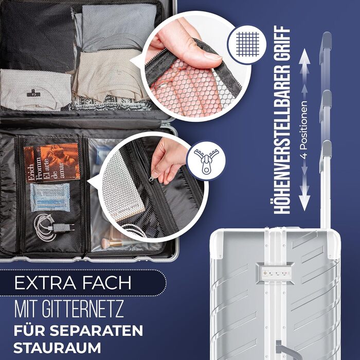 LETTOO Hartschalenkoffer середній 72L з алюмінієвим каркасом | Валіза-тролей з міцним корпусом та кріпленням для сумок [ВОДОНЕПРОНИКНА] Захист кутів (Срібний, валіза-тролей 24 дюймів)