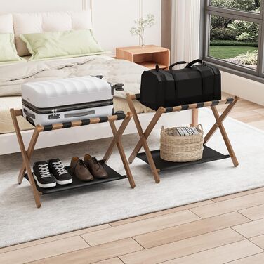 Smuxee Walnut Bamboo Luggage Rack for Guest Rooms, Folding Suitcase Stand with Storage Shelf, Easy to Assemble Luggage Rack with 5 Nylon Straps for Guest Rooms Bedroom Hotel (Walnut-Bamboo, 2 Pack)
