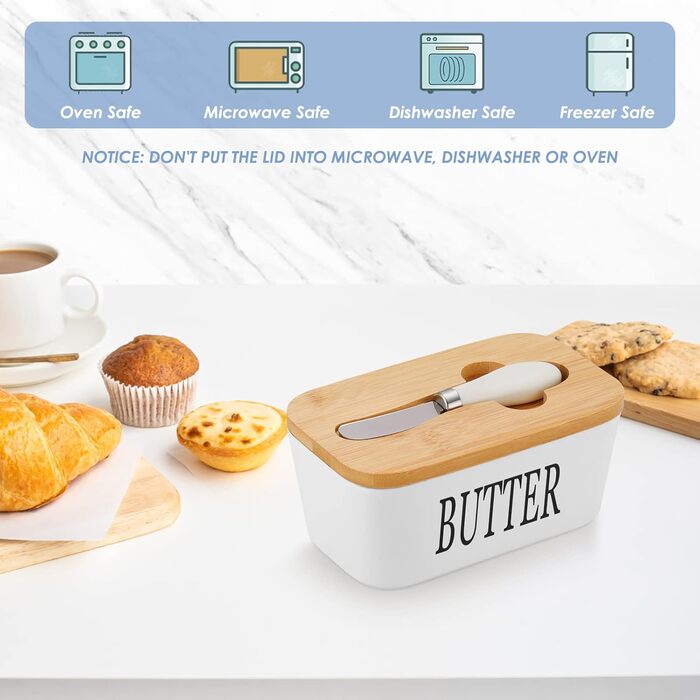 Large butter dish with lid and knife, European size, porcelain butter container, butter box for butter, nuts, cheese, 650 ml