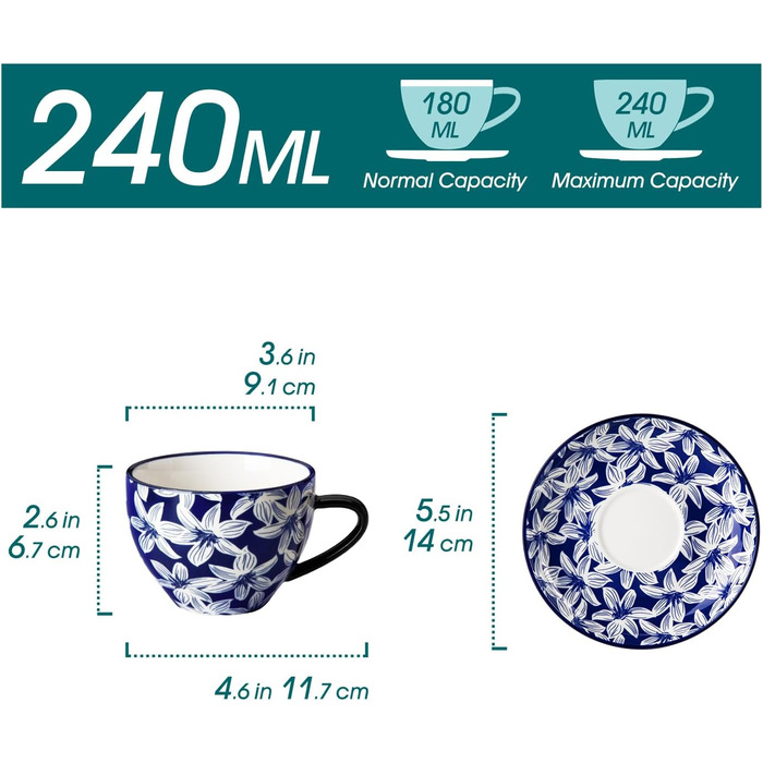 Набір кавових чашок капучіно Vancasso Selene 6 шт., 240 мл, блакитно-білий вінтажний дизайн, високоякісне фарфорове покриття, придатні для миття в посудомийній машині та використання в мікрохвильовій печі