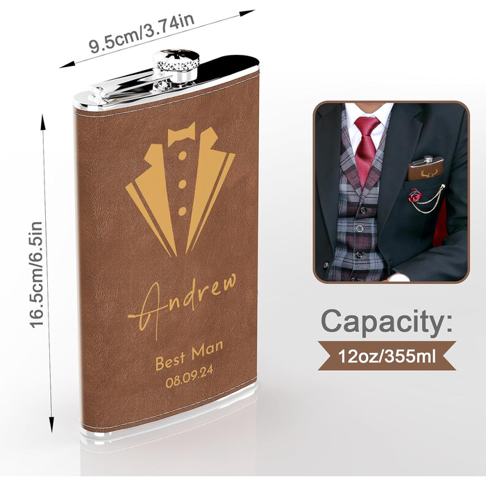 Набір фляг з гравіюванням гір, фляга з нержавіючої сталі 8oz/237ml, персоналізований подарунок на день народження, персоналізовані подарунки для чоловіків, кемперів, мандрівників (сірий) (Braun-design 5, 355ml/12oz)