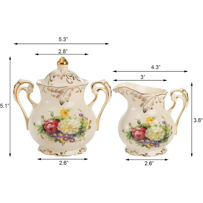 Foreigner's Zucker and Milchkännchen Set, Porcelain Ivory Coffee Serving Set Blossom Bushes Pattern Golden Leaves Edge Cream Pitcher and Sugar Bowl with Lid