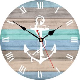 Toudorp Wall Clock Wooden French Country Style Silent Wall Clock Easy to Read Battery Operated Home Decorative Retro Wall Clock (Nautical Stripe Anchor, 12 inches)
