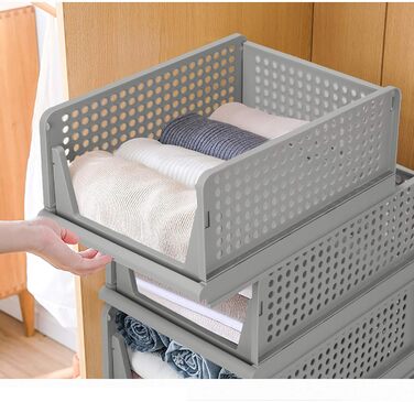 4 Foldable Plastic Storage Boxes Shelf Baskets Closet Storage Boxes Foldable Kitchen Drawer Organizers Stackable Storage Boxes Transport Boxes Closet Containers Cube Pull-Out Drawer - Grey