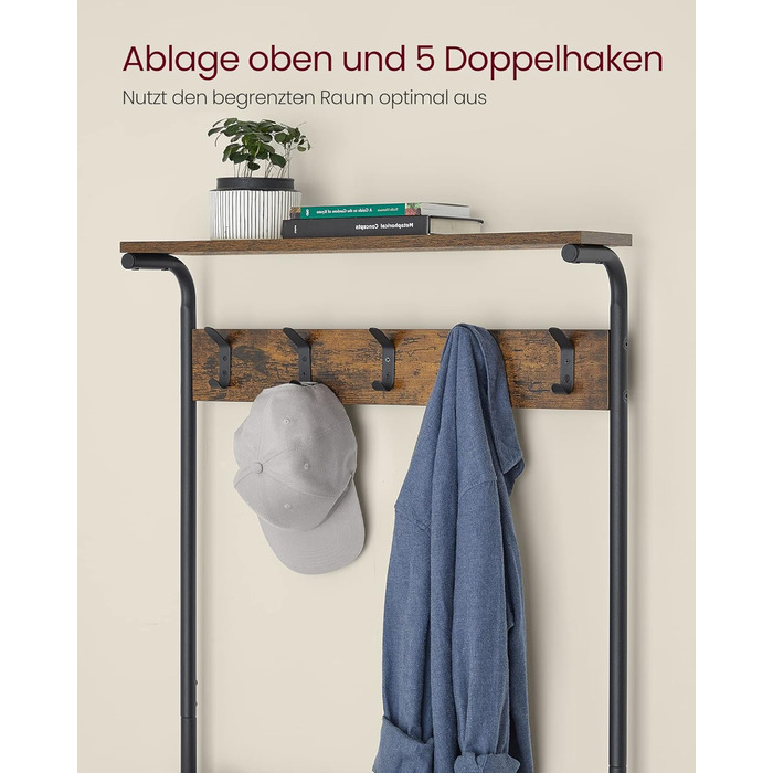 VASAGLE Coat Rack, Clothes Rack, Shoe Shelf, Wardrobe with 5 Double Hooks, 5 Shelves, One Top Shelf, for Apartments, Bedrooms, Hallways, Industrial Design, Vintage Brown-Black HSR408B01 (31.5 x 68 x 183.5 cm)