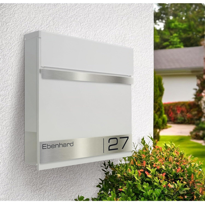Поштова скринька Metzler Premium з газетницею, антрацит. Персоналізована з табличкою для імені. Якісна настінна поштова скринька з нержавіючої сталі V2A з порошковим покриттям RAL 7016, модель Stencil (біла)