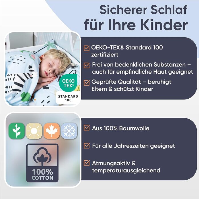 Комплект постільної білизни для дитячого ліжечка Kinder з 100% бавовни (100x135 см) з тваринами. Підходить для хлопчиків, легко періть при 60°C. Включає постільну білизну та подушку (40x60 см).